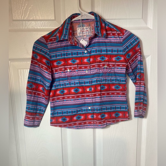 Panhandle Western Pearl Snap Red & Turqouise Aztec print girls xs - Picture 5 of 5